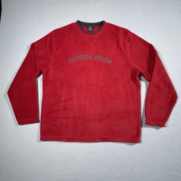 Vintage Nautica Fleece Sweater Mens Large Red SPELLOUT Nautica Jeans Crew Neck‎ - Picture 1 of 12